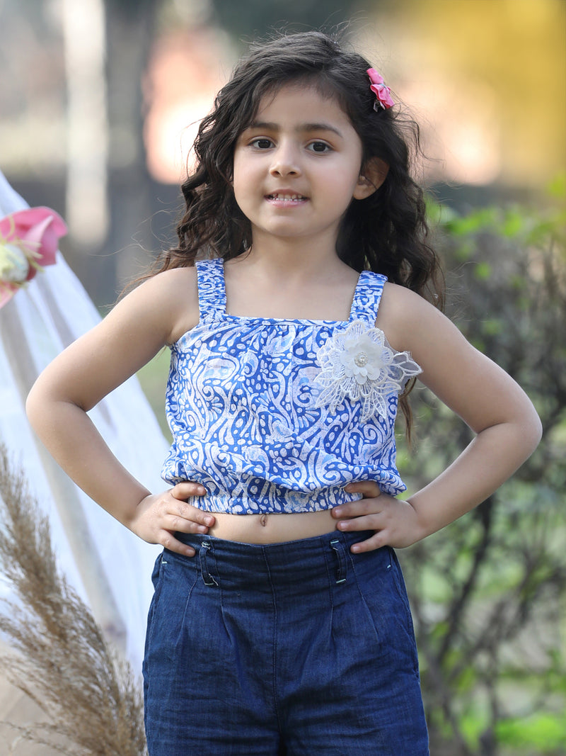 Shoulder Straps Printed Crop Top- Blue & White