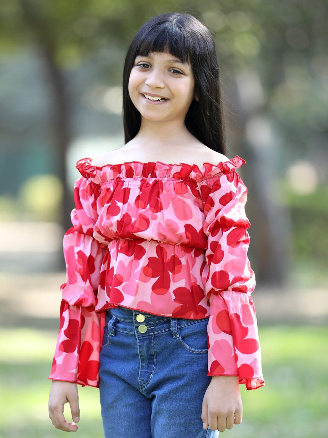 Floral Printed Off Shoulder Long Sleeves Top -Peach & Red
