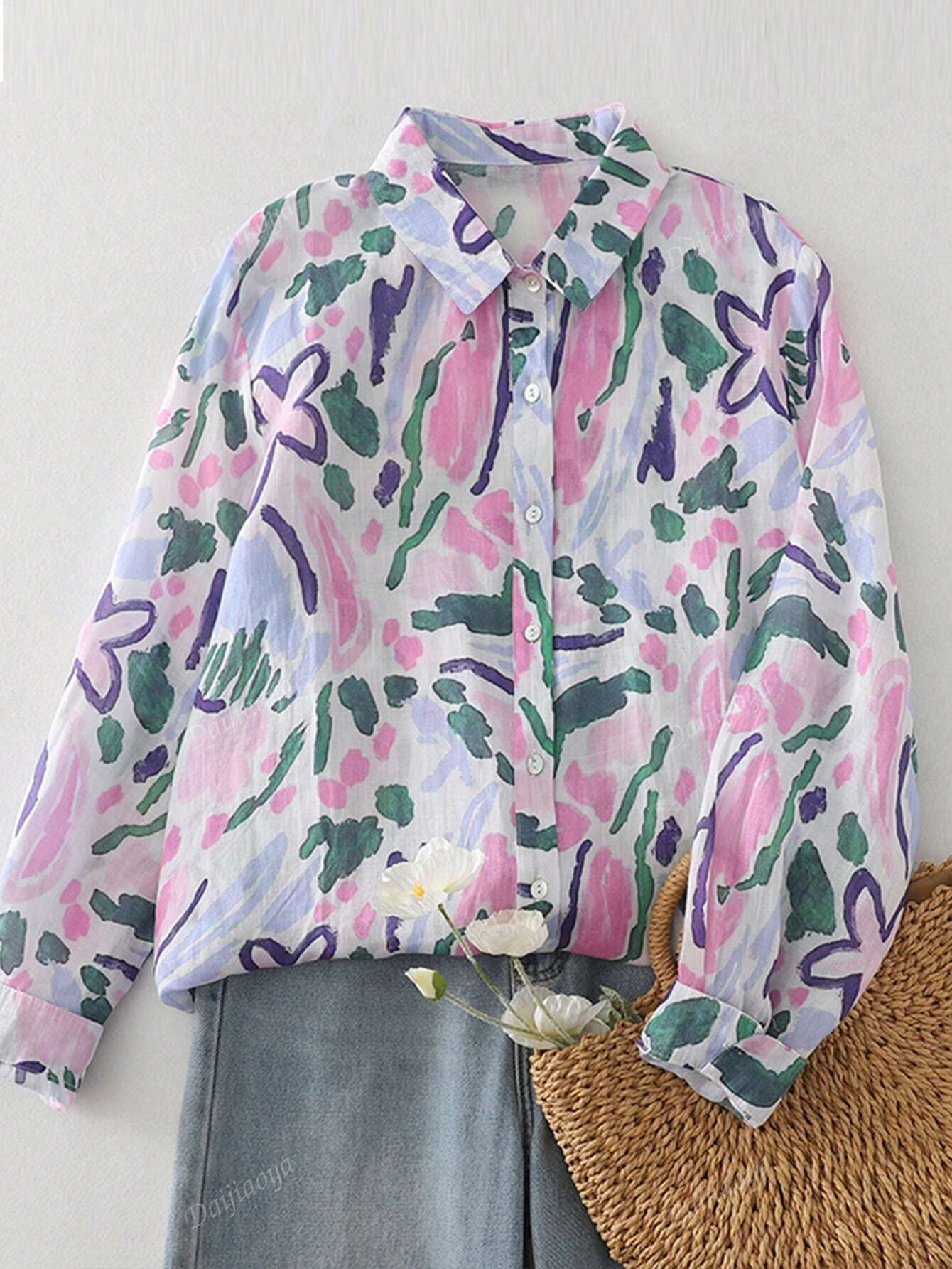 Abstract Floral Print Sheer Button-Up Pure Cotton Printed Shirt