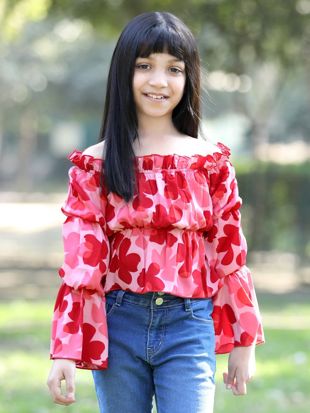 Floral Printed Off Shoulder Long Sleeves Top -Peach & Red