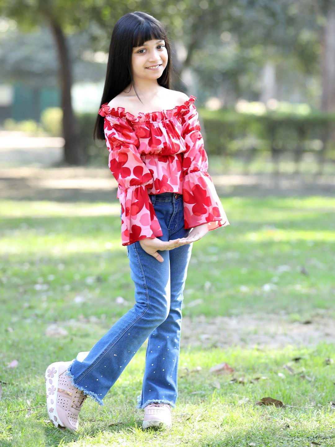 Floral Printed Off Shoulder Long Sleeves Top -Peach & Red