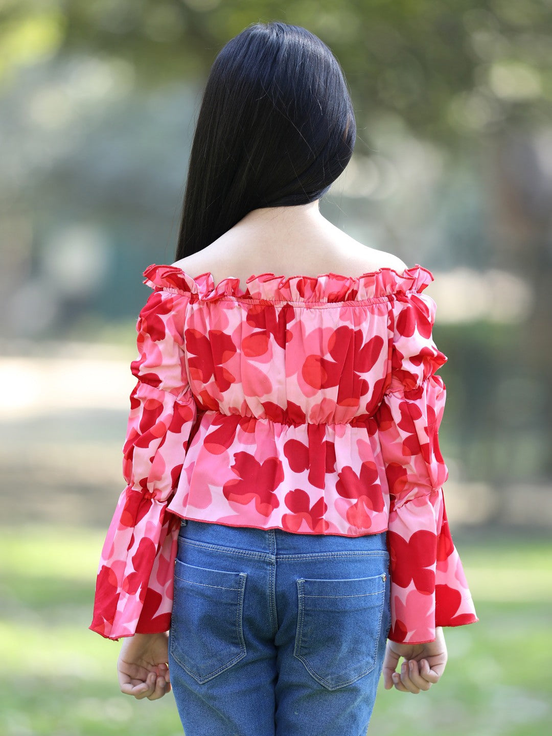 Floral Printed Off Shoulder Long Sleeves Top -Peach & Red