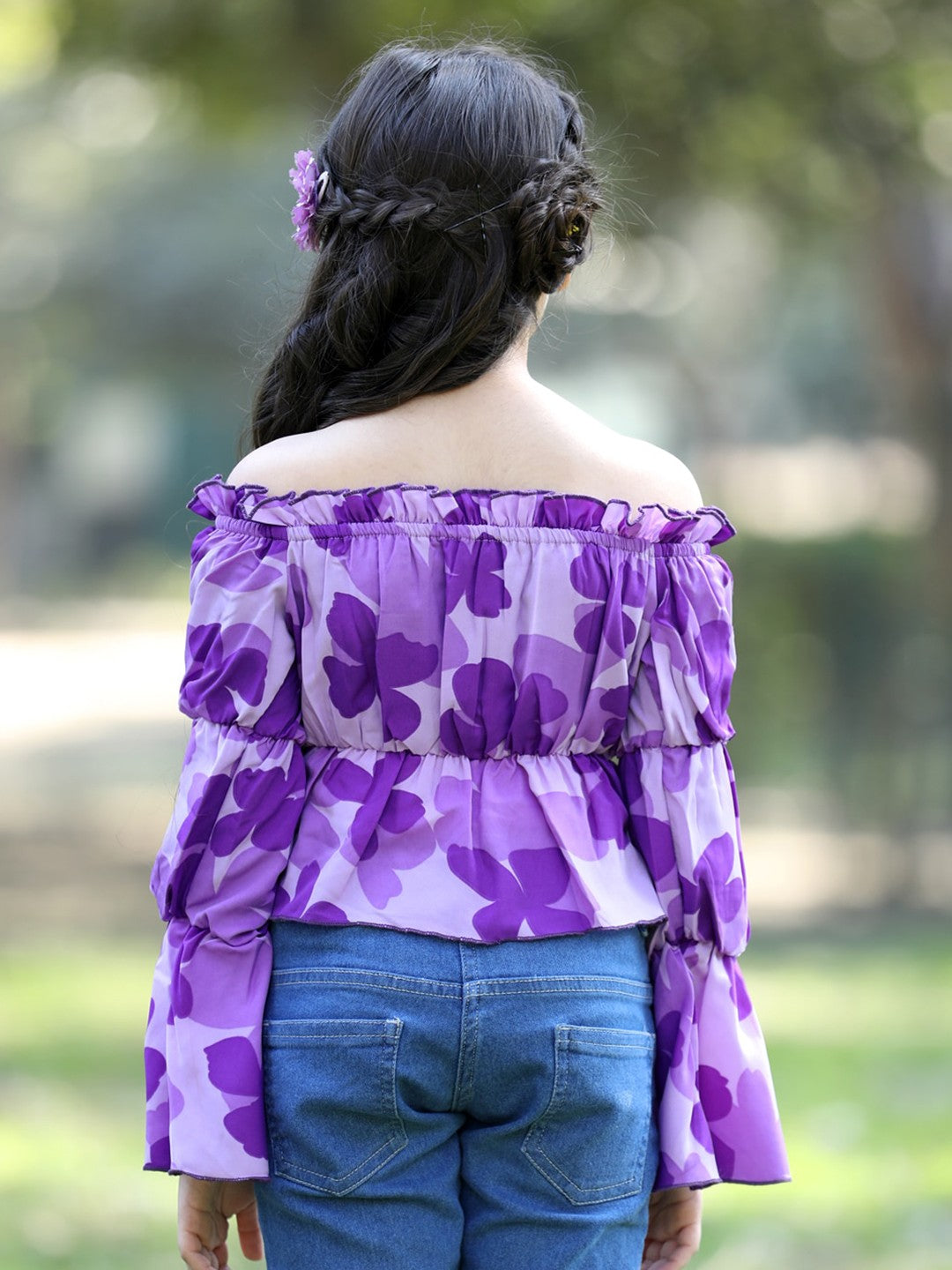 Floral Printed Off Shoulder Long Sleeves Top -Peach & Red