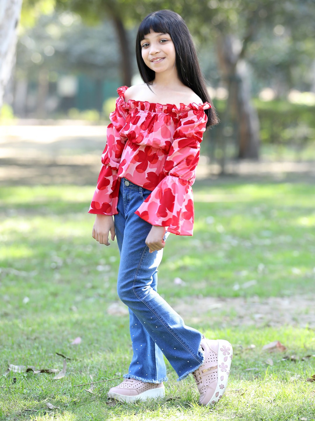 Floral Printed Off Shoulder Long Sleeves Top -Peach & Red