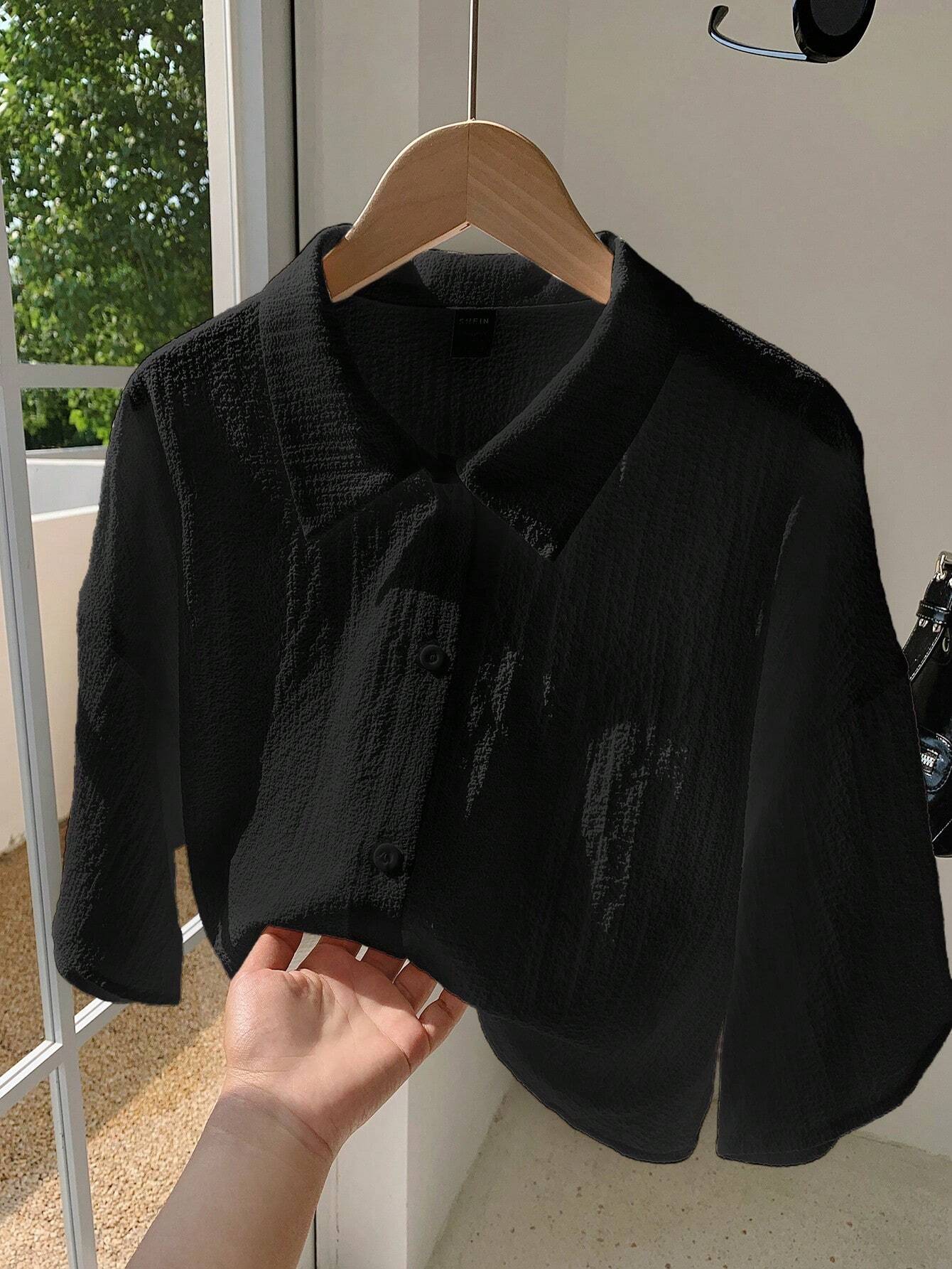 Navy Woven Women's Cropped Shirt