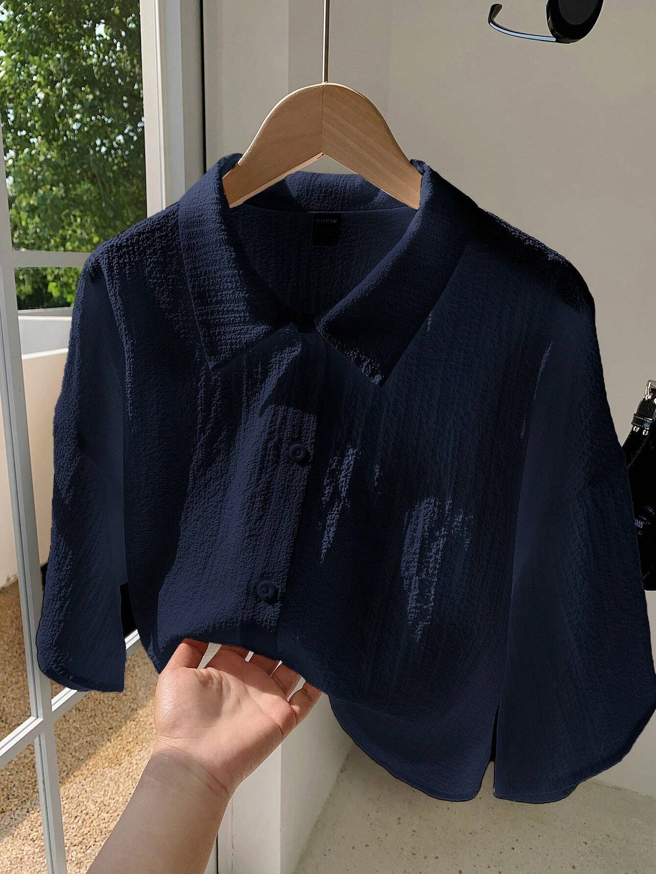 Navy Woven Women's Cropped Shirt