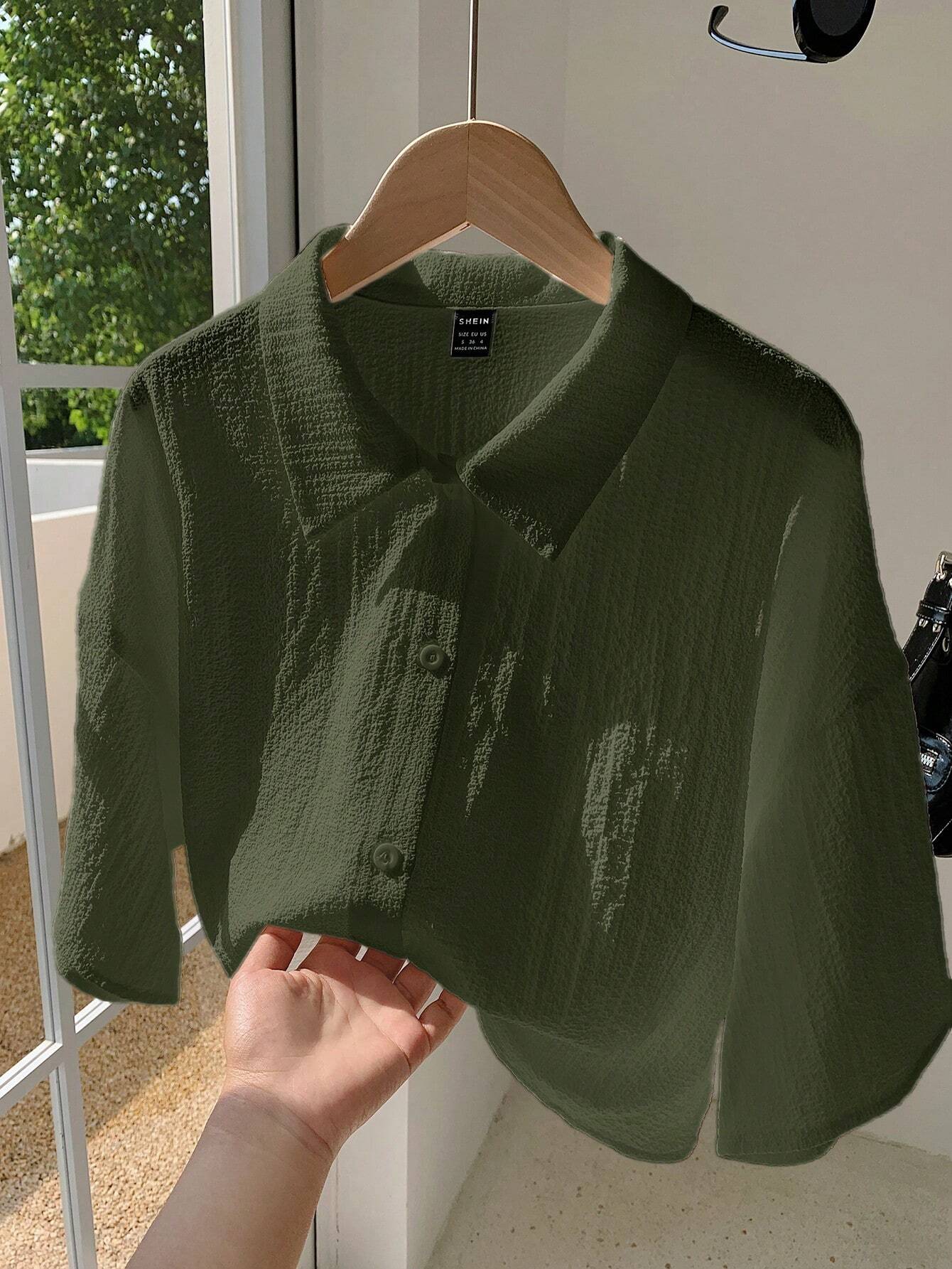 Navy Woven Women's Cropped Shirt