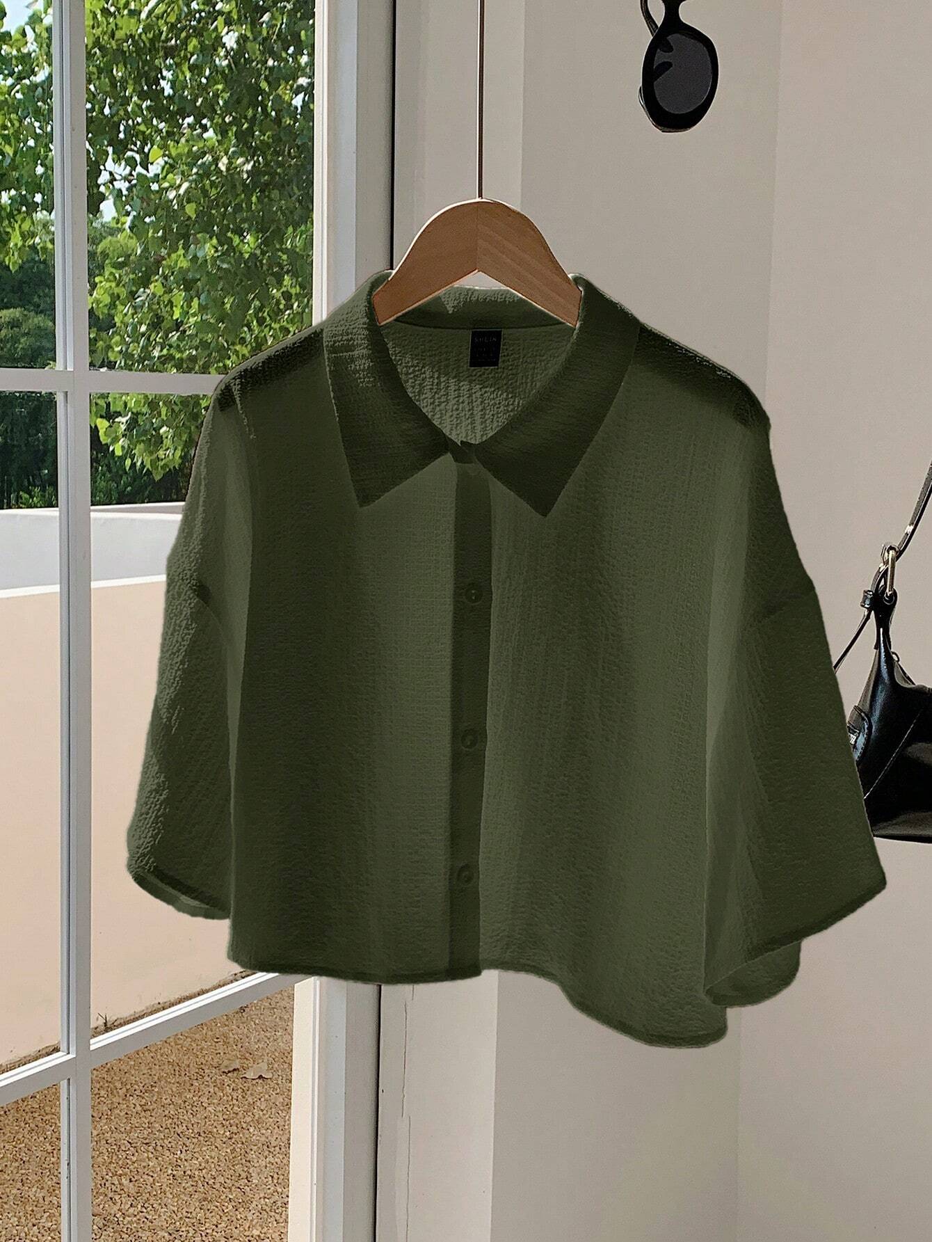 Navy Woven Women's Cropped Shirt
