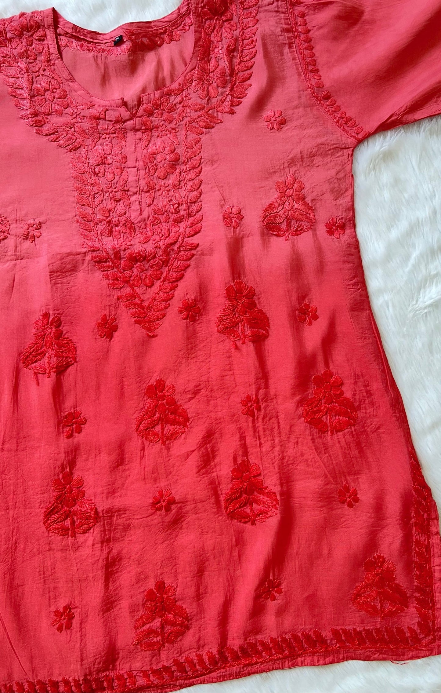 Red Chanderi Short Chikankari Kurta