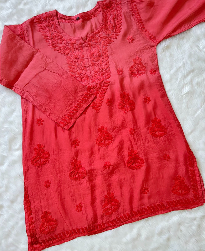 Red Chanderi Short Chikankari Kurta