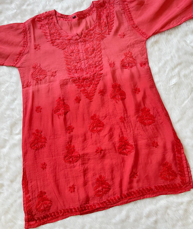 Red Chanderi Short Chikankari Kurta