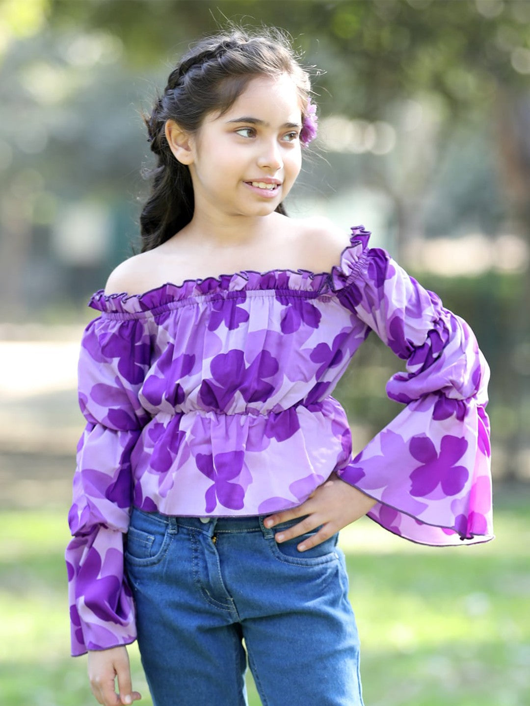 Floral Printed Off Shoulder Long Sleeves Top -Peach & Red