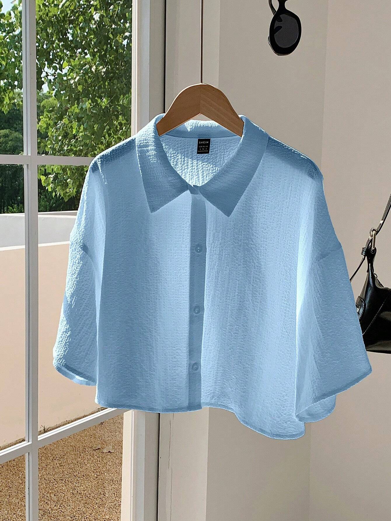 Navy Woven Women's Cropped Shirt