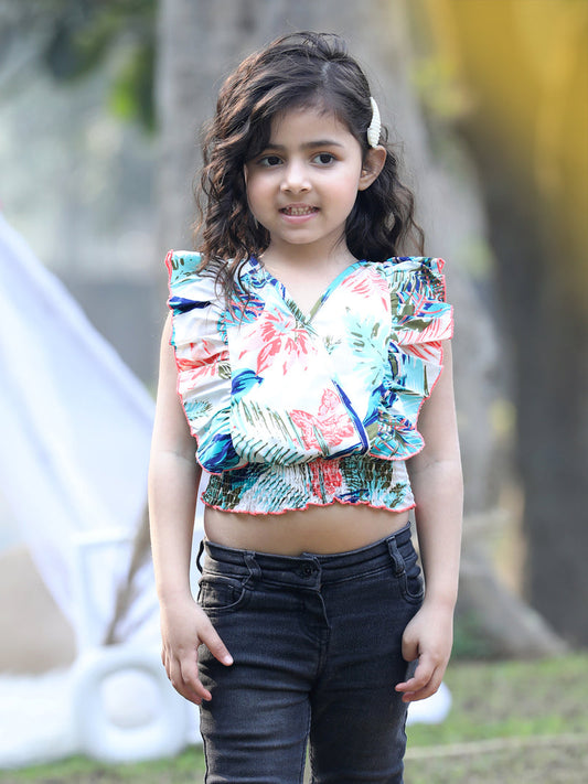 V-Neck Solid Crop Top- White & Blue