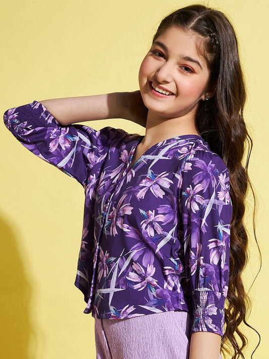 Girl Floral Printed V-Neck Smocked Bardot Top