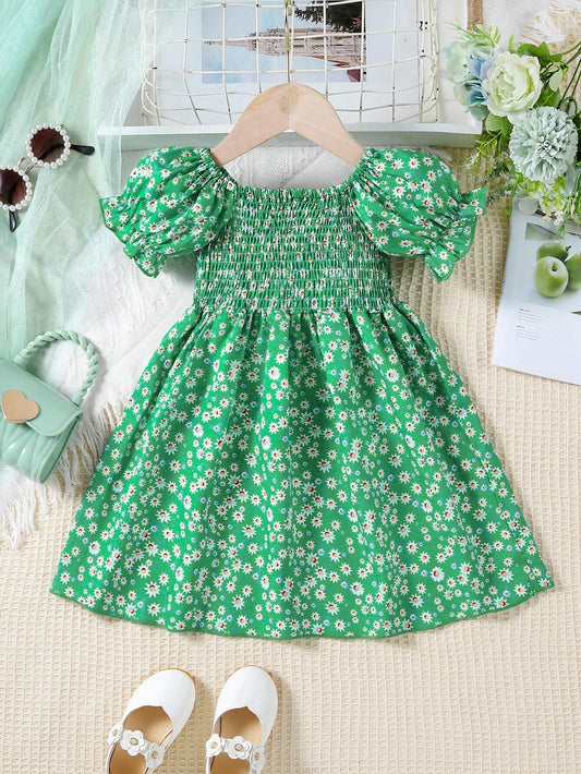Young Girl Summer Casual Vacation Ditsy Floral Puff Sleeve Printed Dress