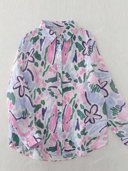 Abstract Floral Print Sheer Button-Up Pure Cotton Printed Shirt