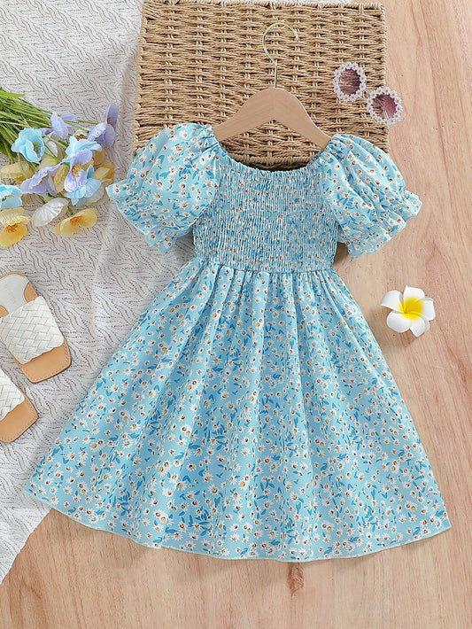 Young Girl Ditsy Floral Print Puff Sleeve Shirred Dress