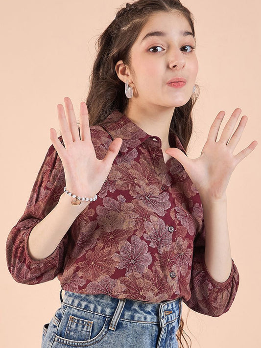Girls Floral Printed Shirt Collar Top