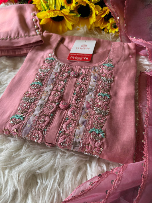 Pink cotton silk embroidered straight kurta set with dupatta