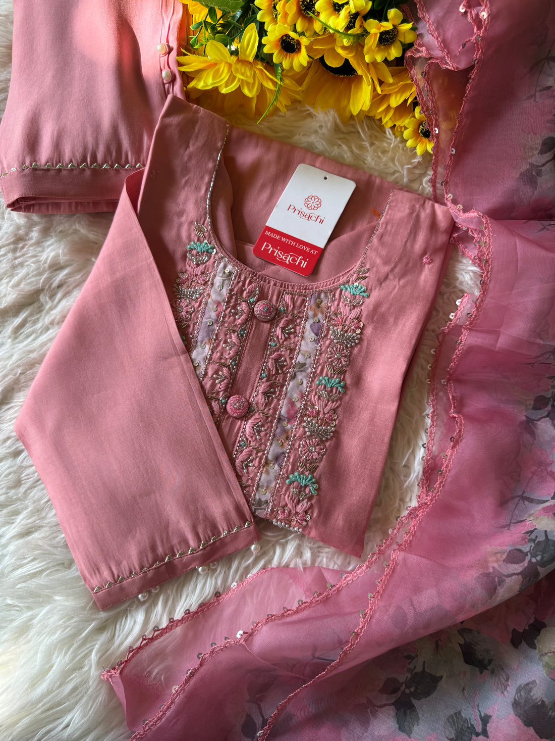 Pink cotton silk embroidered straight kurta set with dupatta