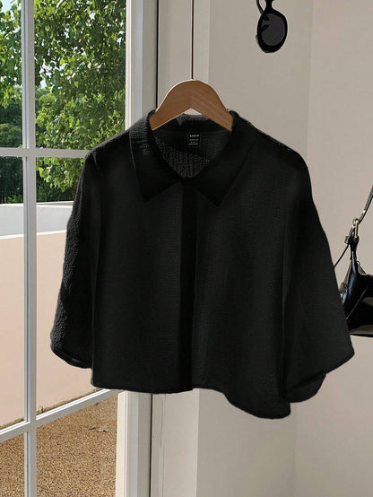 Navy Woven Women's Cropped Shirt