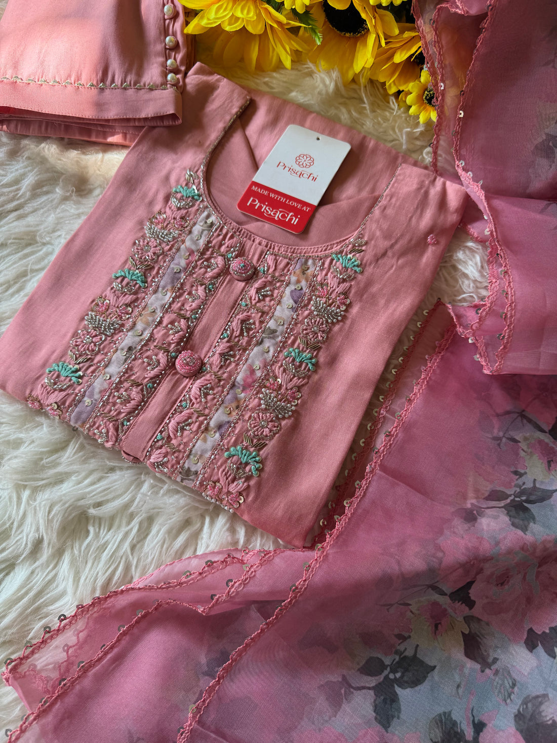 Pink cotton silk embroidered straight kurta set with dupatta