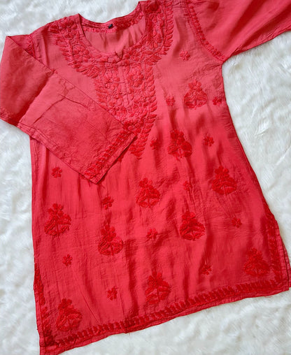Red Chanderi Short Chikankari Kurta