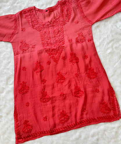 Red Chanderi Short Chikankari Kurta