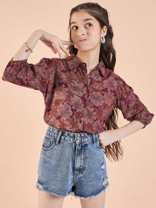 Girls Floral Printed Shirt Collar Top
